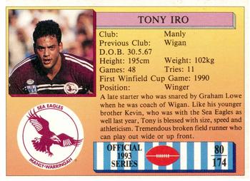 1993 Regina #80 Tony Iro Back